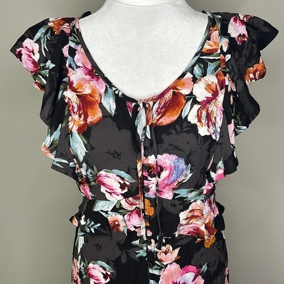 Band of Gypsies (B.O.G.) Dark Multicolored V-Neck Floral Midi Dress Size Medium - Picture 2 of 11
